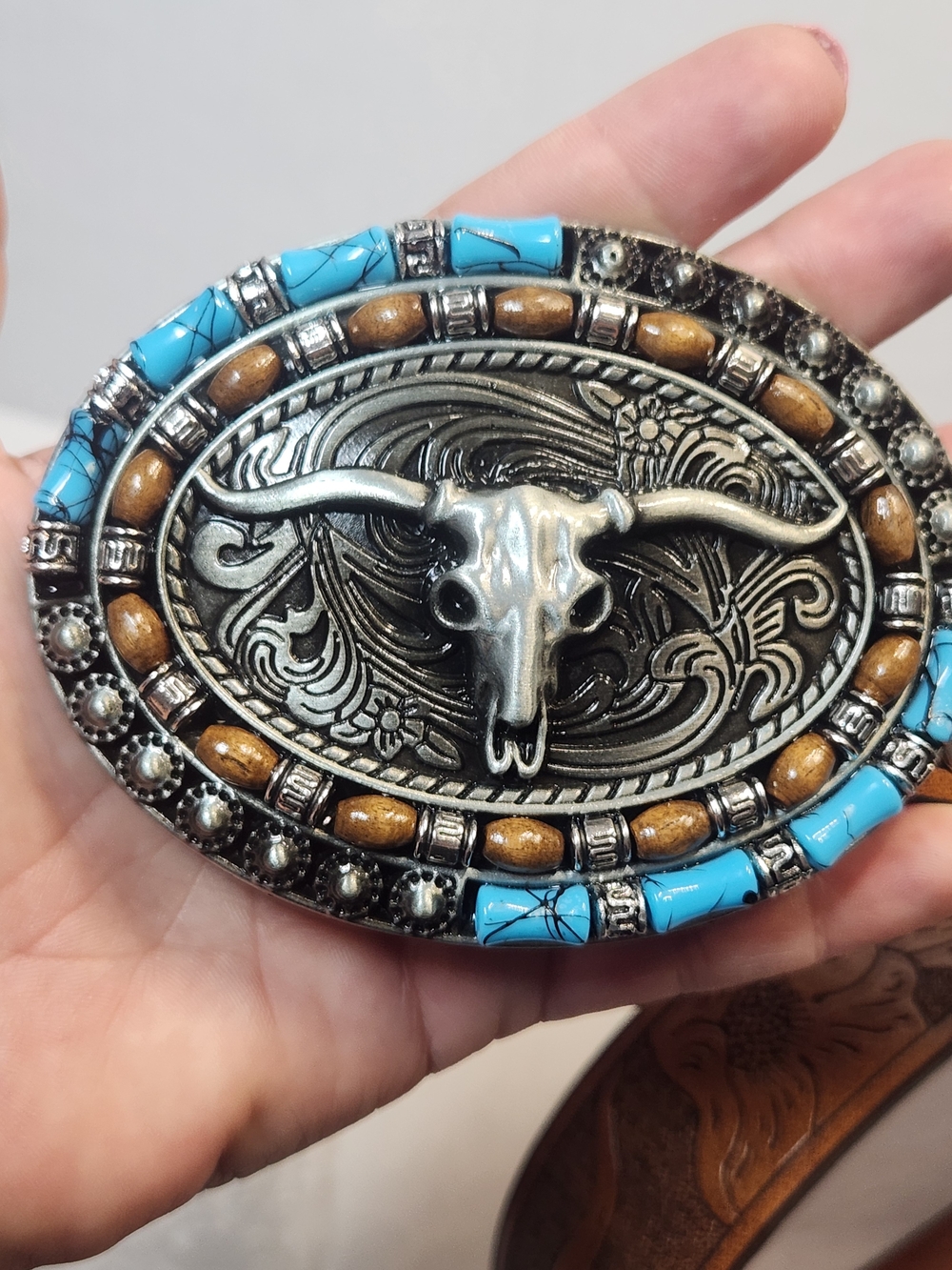 Western Longhorn Turquoise & Faux Leather Belt
